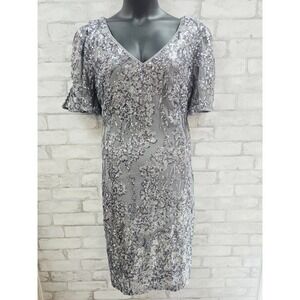 Alex Evenings Silver Sequin Beaded Cold Shoulder V‎ Neck Midi Dress